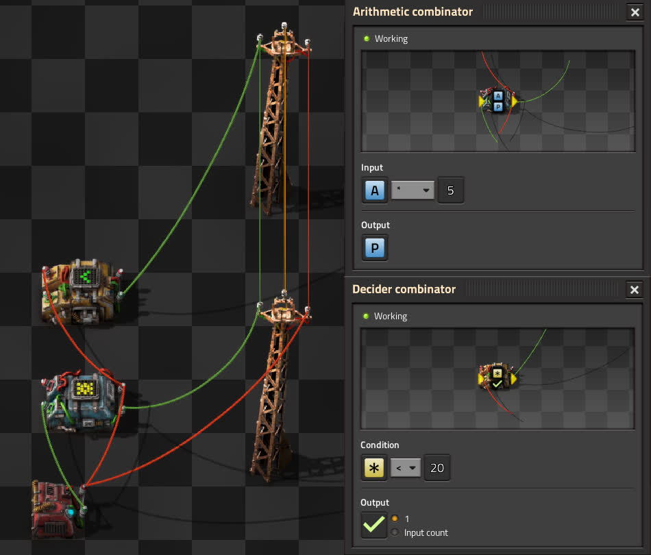 The 3 combinator types connected with wires