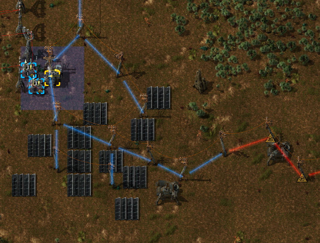 High Voltage power distribution showing power poles disabling when too far from transformer. It also shows an overlay (blue and red lines) when selecting a power pole - very similar to Fluidic Power