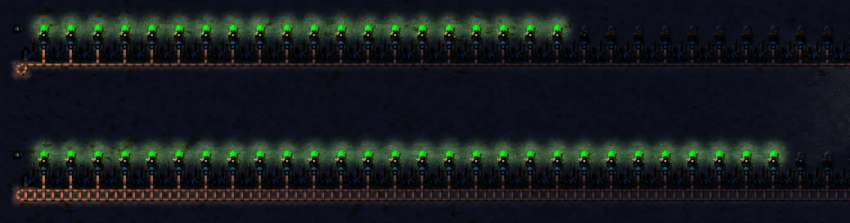 A row of heat pipes and green lights where every green light marks a heat exchanger at more than 500°C (meaning that it works). The glow of the heat pipes indicates temperature, with left ends being at the upper limit of 1000°C. As shown, making the heat pipes thicker allows supporting heat exchangers that are farther away.