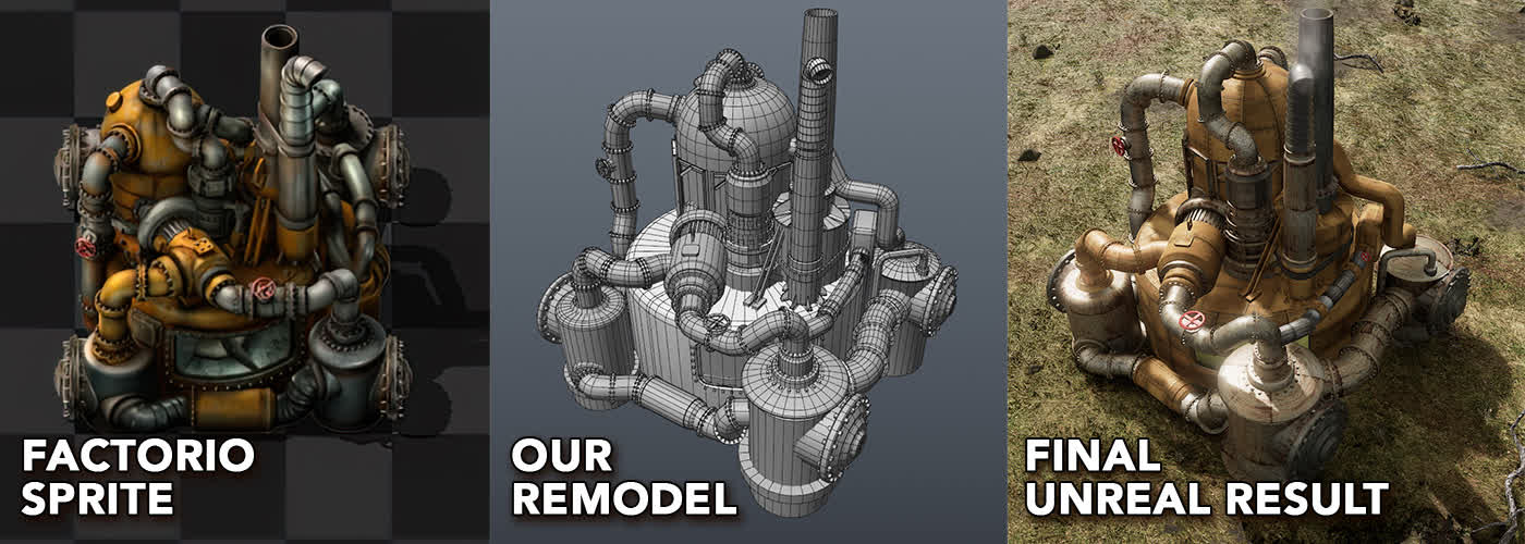 3 Way split depicting chemical plant. Left: Factorio Sprite. Middle: Wireframe remodel. Right: Textured remodel.