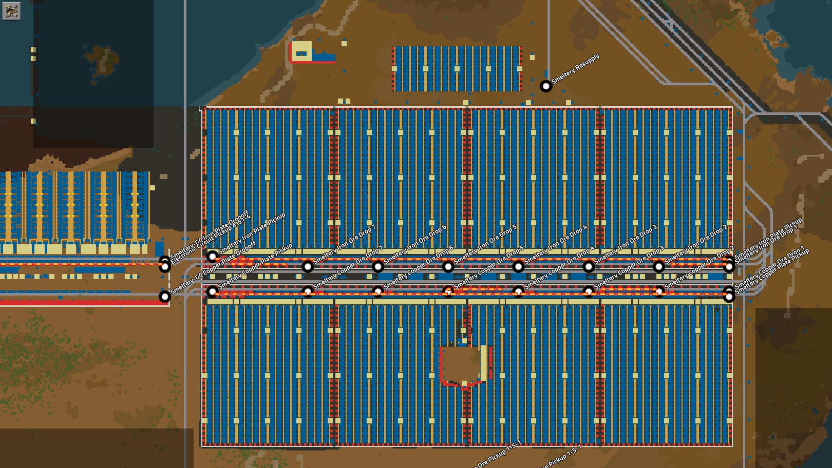 Screenshot of trains being gridlocked near a big array of smelters